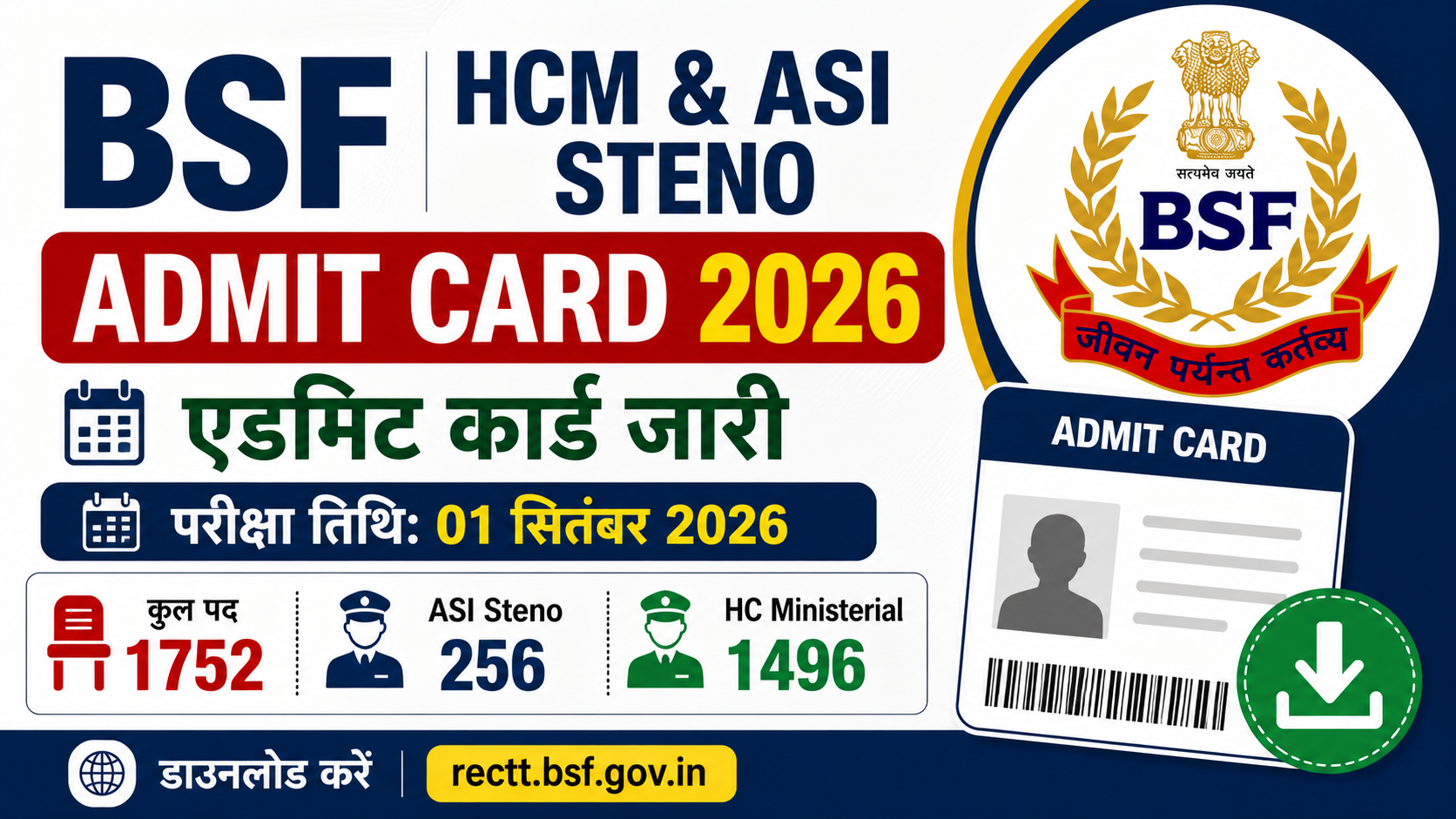 BSF HCM & ASI Steno Admit Card 2026: बीएसएफ हेड कॉन्स्टेबल और एएसआई के एडमिट कार्ड जारी, यहां से करें डाउनलोड